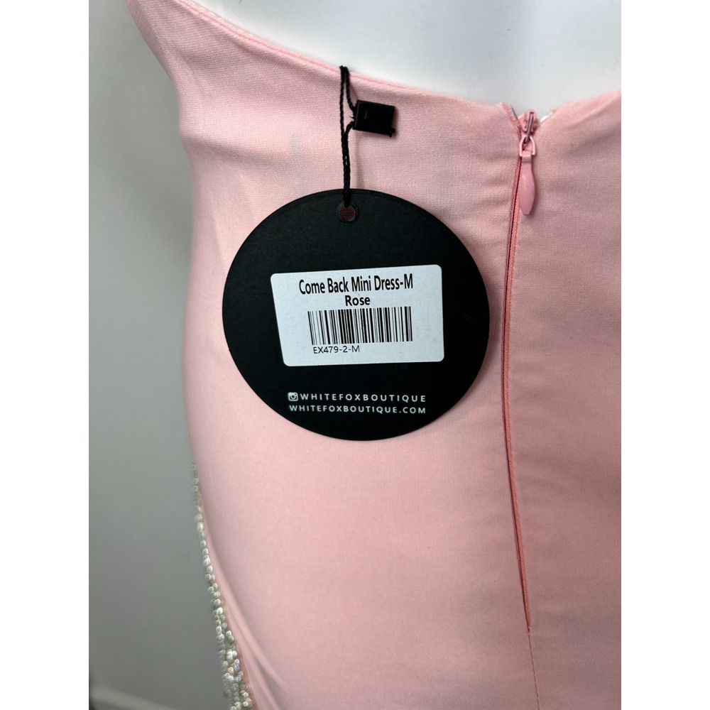 White Fox Mini Dress Size Medium Pink Rhinestone Trim Open Back Come Back NWT - Picture 9 of 10